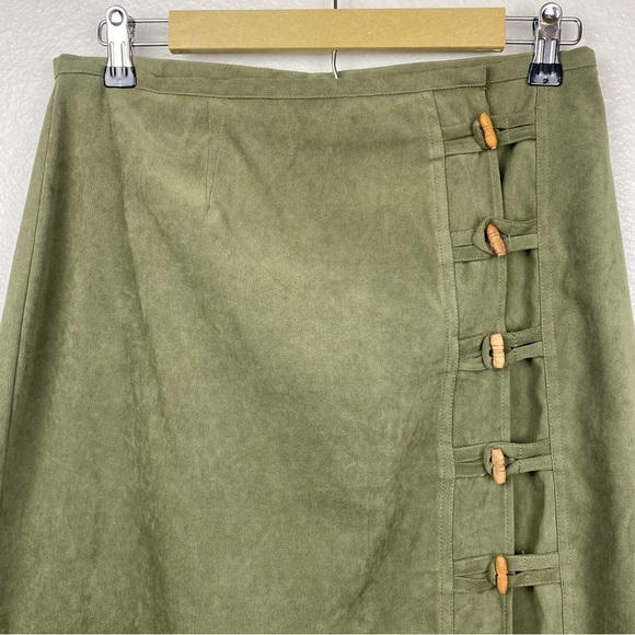 Vintage High Waisted Olive Green Toggle Button Midi Skirt Large - Picture 4 of 8